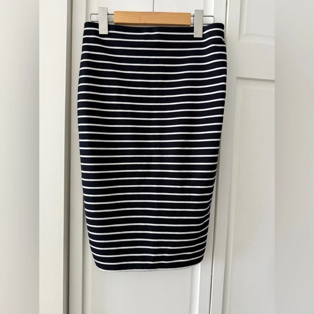 Zara Navy & White Striped Pencil Skirt Wrap Hem Stretch Size S - Picture 6 of 7